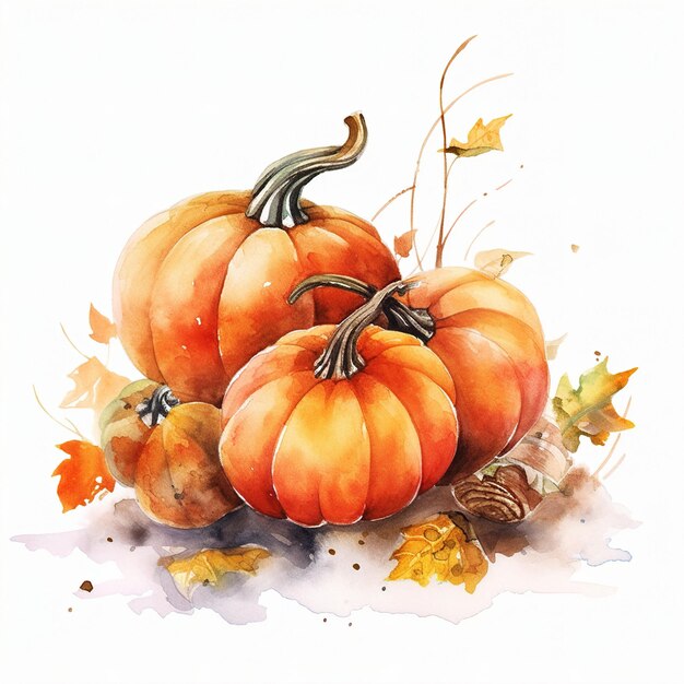 a watercolor painting of pumpkins and leaves.