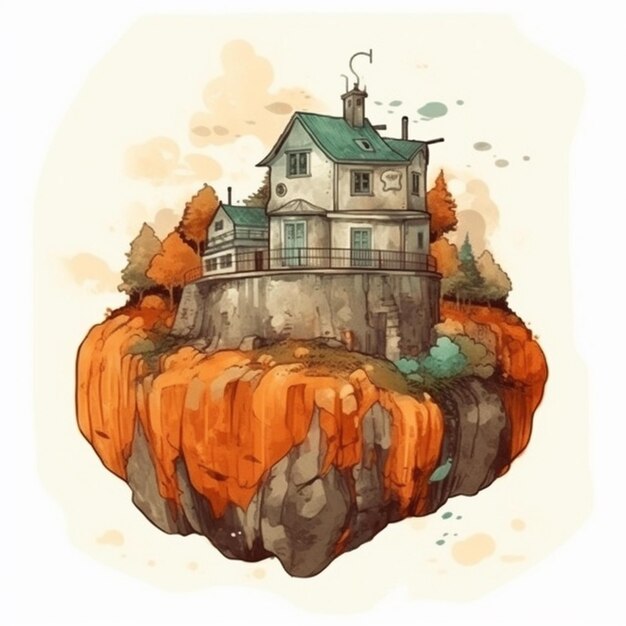 Watercolor painting of a pumpkinshaped house