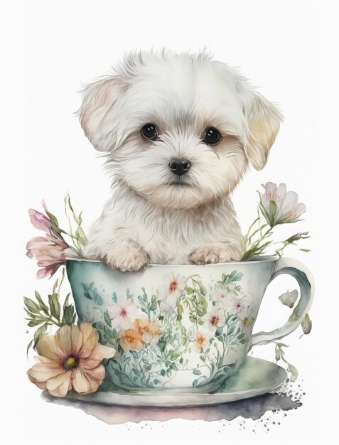 A watercolor painting of a puppy in a teacup