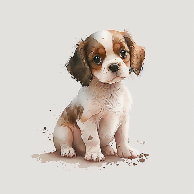 A watercolor painting of a puppy with brown and white fur and brown eyes.