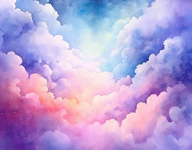 a watercolor painting of a purple and blue sky over a white background