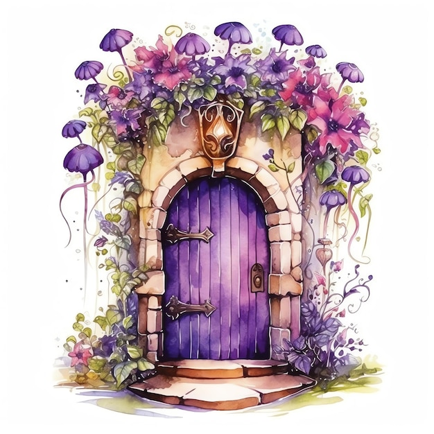 Акварельная картина фиолетовой двери