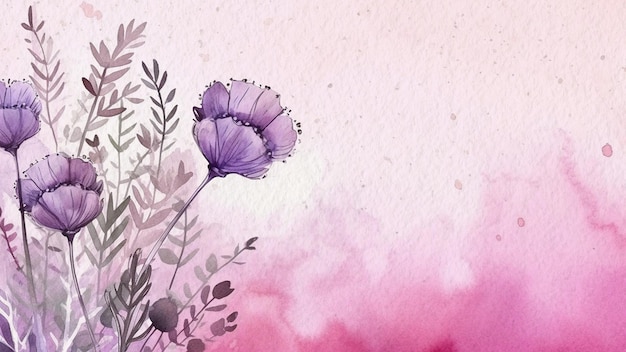 ピンクの背景に紫の花の水彩画