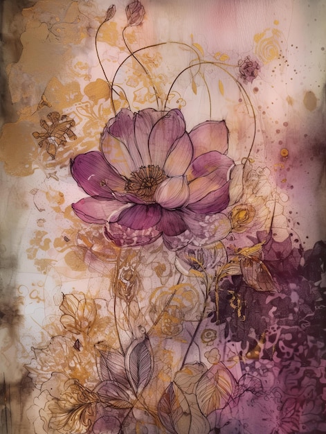 A watercolor painting of a purple flower with gold and purple leaves.