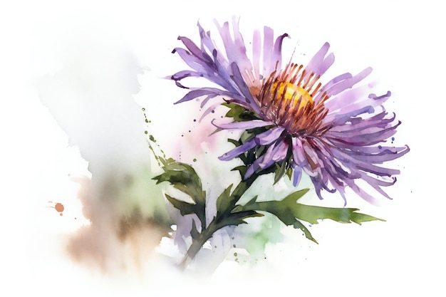 민들레라는 단어가 적힌 보라색 꽃의 수채화 그림.