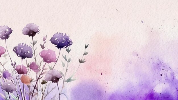 Watercolor painting of purple flowers on a pink background