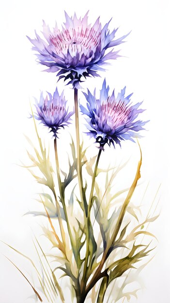 A watercolor painting of purple flowers on a white background watercolor painting thistle bluebell