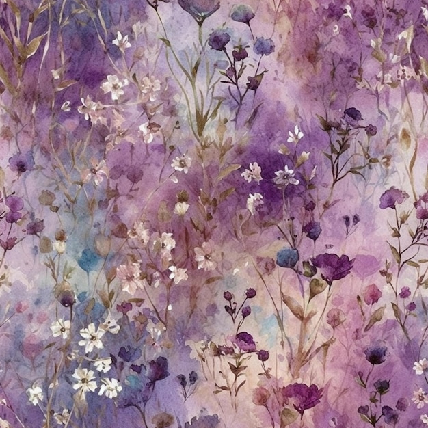 A watercolor painting of purple flowers with purple and white flowers.