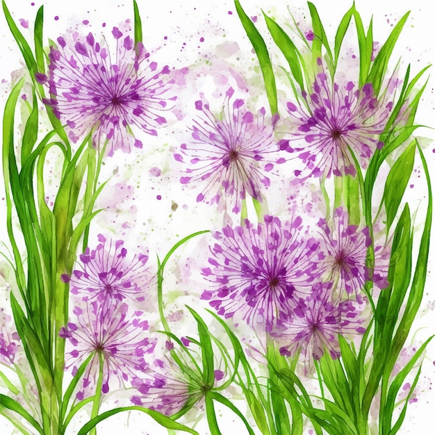 A watercolor painting of purple flowers with the word dandelions on it.