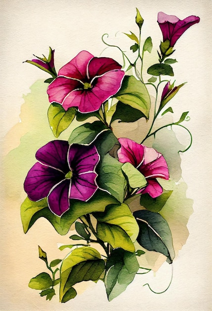 A watercolor painting of purple and green flowers.