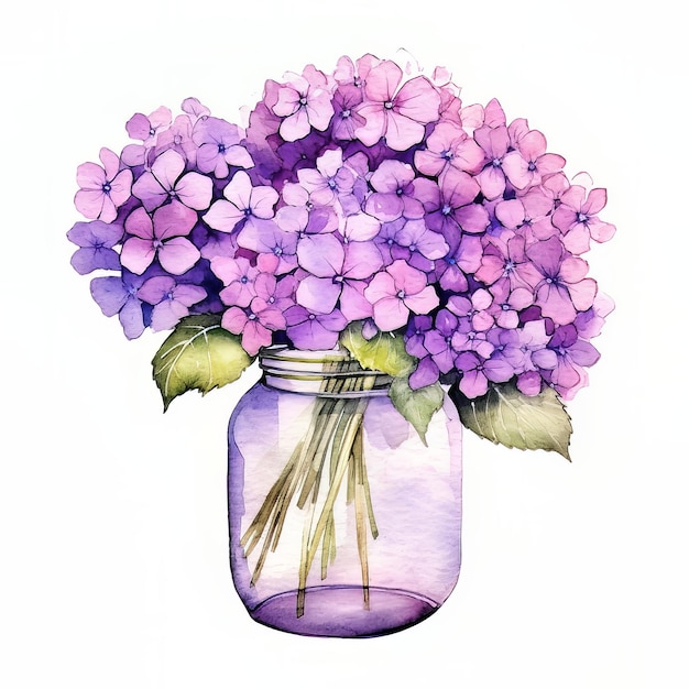 A watercolor painting of a purple hydrangea in a mason jar.
