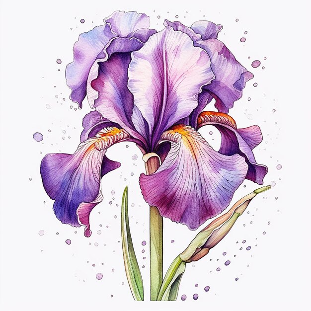 A watercolor painting of a purple iris with a bud on the stem.