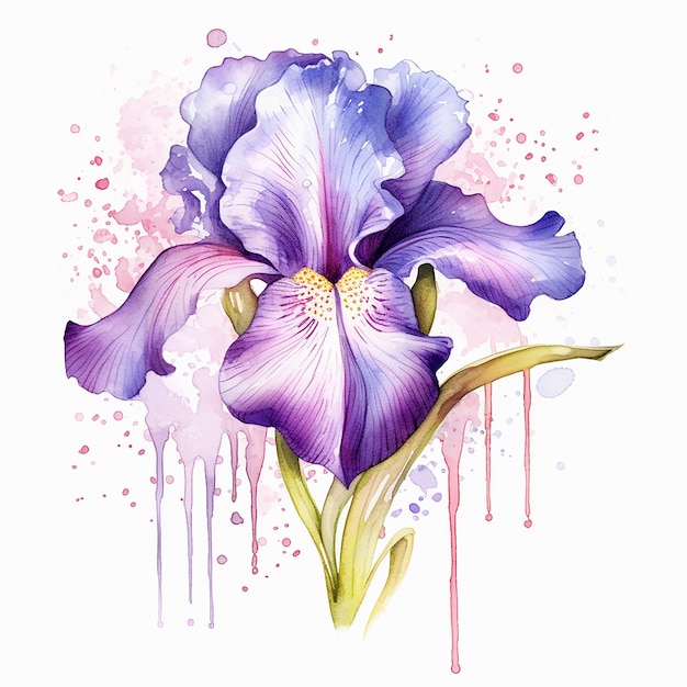 A watercolor painting of a purple iris with pink and purple paint splatters.