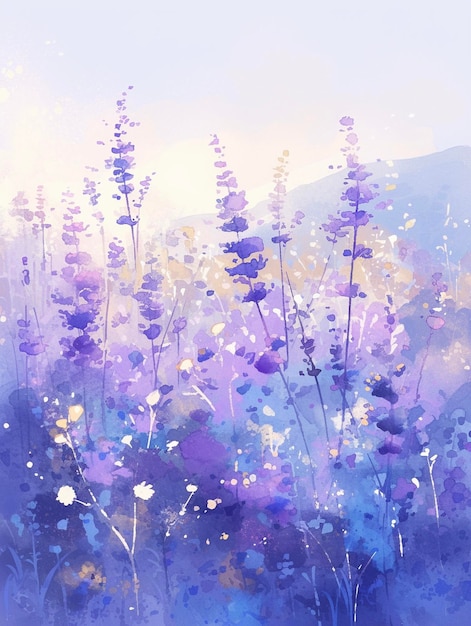 A watercolor painting of purple lavender flowers in the spring