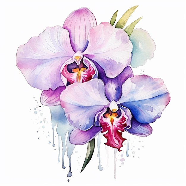 A watercolor painting of a purple orchid flower with blue and purple flowers.
