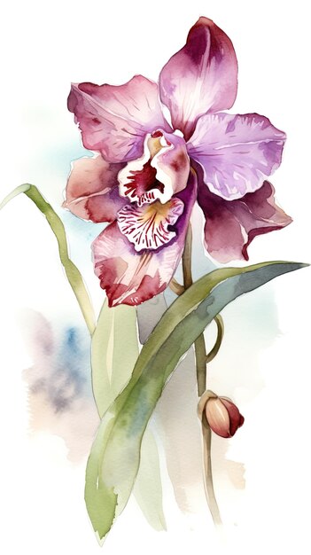 a watercolor painting of a purple orchid with a pink flower in the middle.