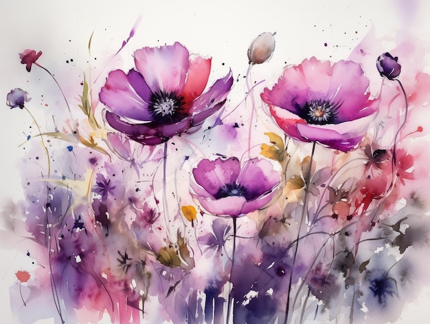 A watercolor painting of purple poppies in a field of flowers.