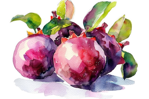 a watercolor painting of purple and red pomegranates