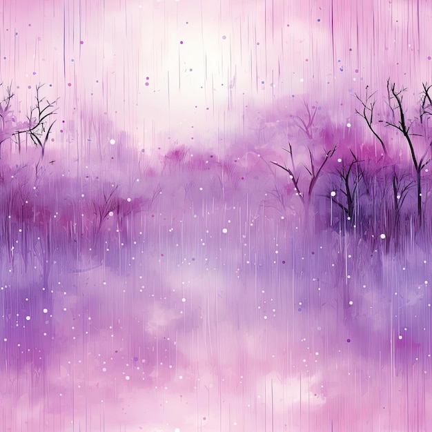 Watercolor painting of a purple sky with trees and snow in a dreamlike style tiled