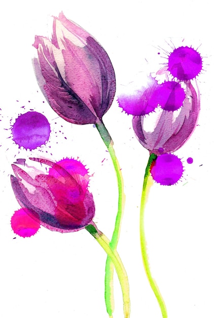 A watercolor painting of purple tulips.