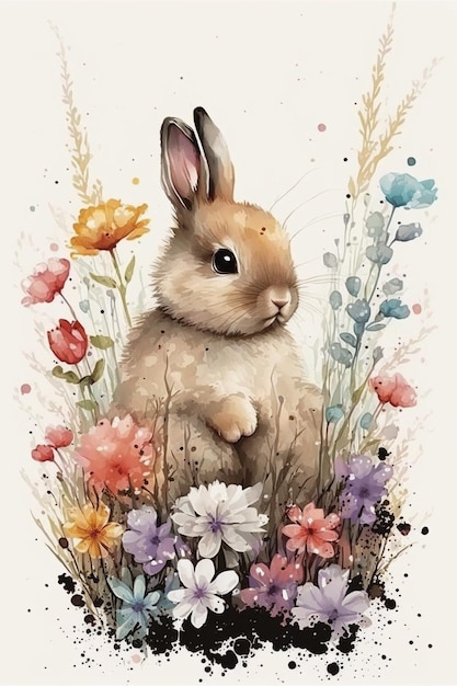 Photo a watercolor painting of a rabbit in a field of flowers