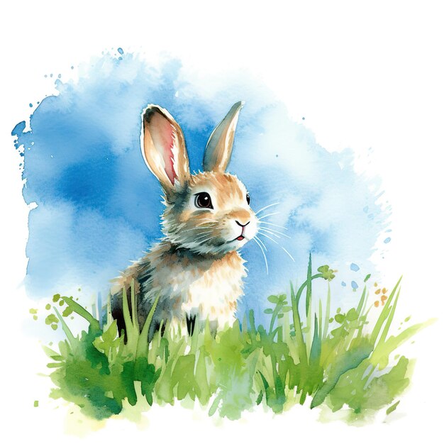 A watercolor painting of a rabbit in the grass Generative AI image