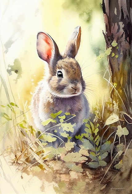 A watercolor painting of a rabbit in the grass