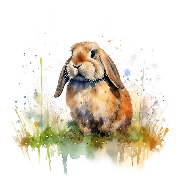 A watercolor painting of a rabbit sitting in the grass Generative AI image