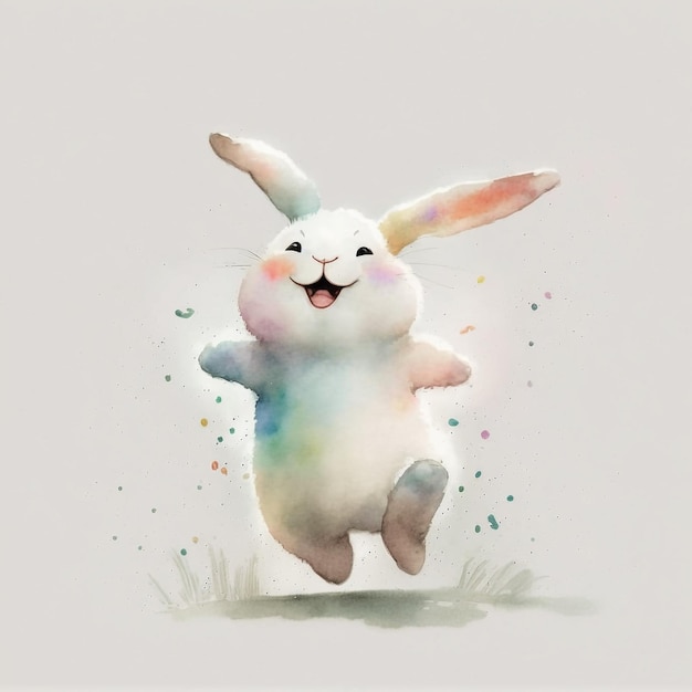 「ハッピーイースター」と書かれたウサギの水彩画