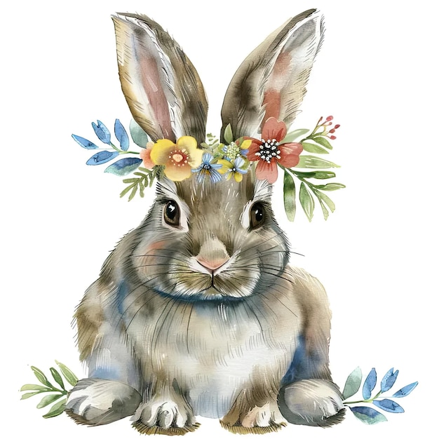 A watercolor painting of a rabbit wearing a flower crown