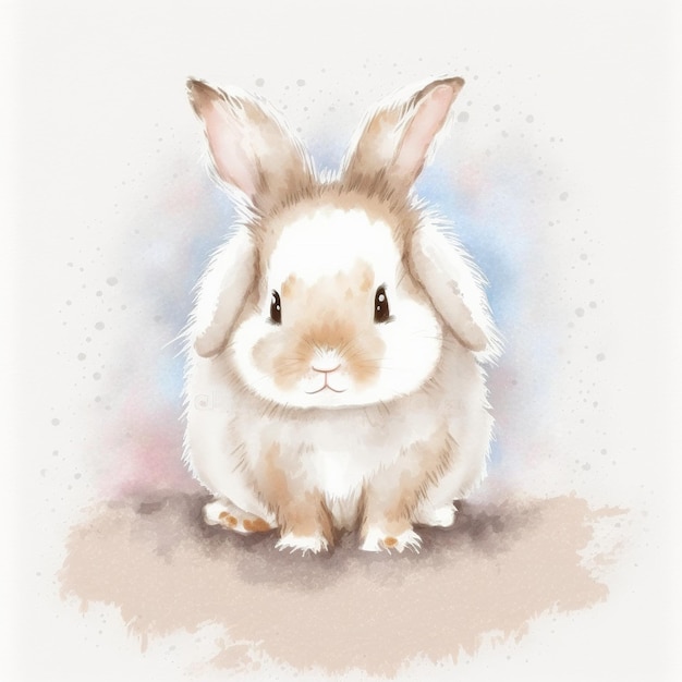 A watercolor painting of a rabbit with a brown face and black eyes.