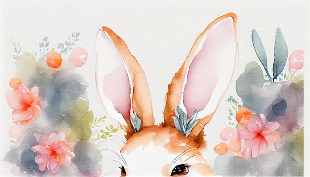 A watercolor painting of a rabbit with pink ears and a green background.