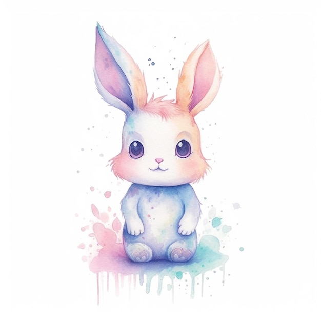 A watercolor painting of a rabbit with a pink nose.