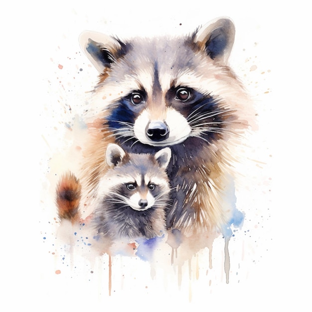 A watercolor painting of a raccoon and her cub