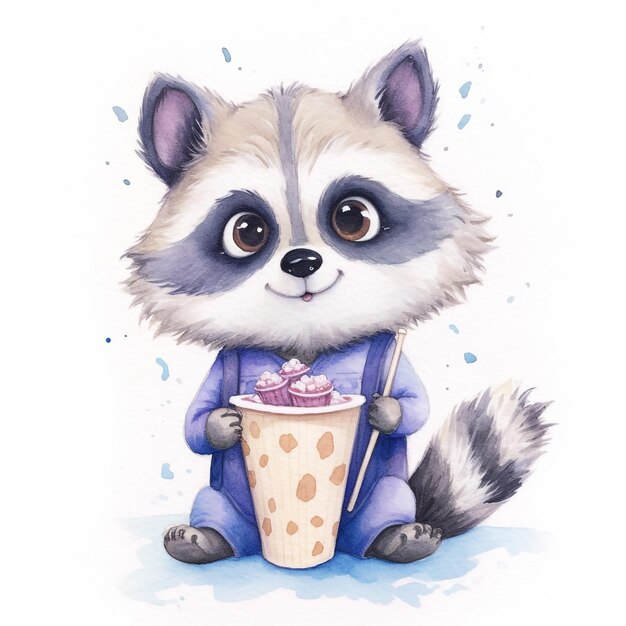 A watercolor painting of a raccoon holding a cup of ice cream.