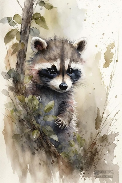 A watercolor painting of a raccoon in a tree.