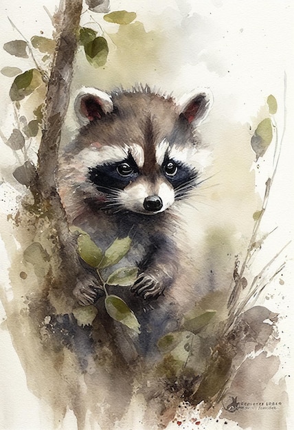 Watercolor painting of a raccoon in a tree