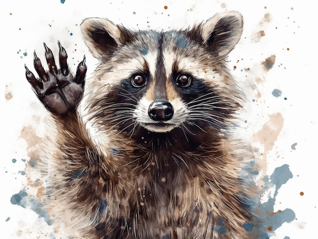 A watercolor painting of a raccoon waving his paw.