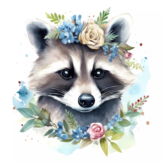 A watercolor painting of a raccoon with leaves