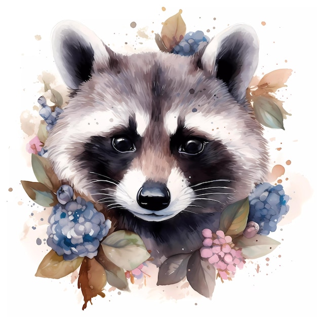 A watercolor painting of a raccoon with leaves