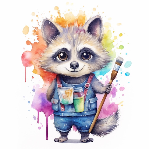 A watercolor painting of a raccoon with a paintbrush in his hand.