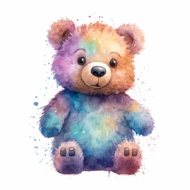 Watercolor painting of a rainbow bear