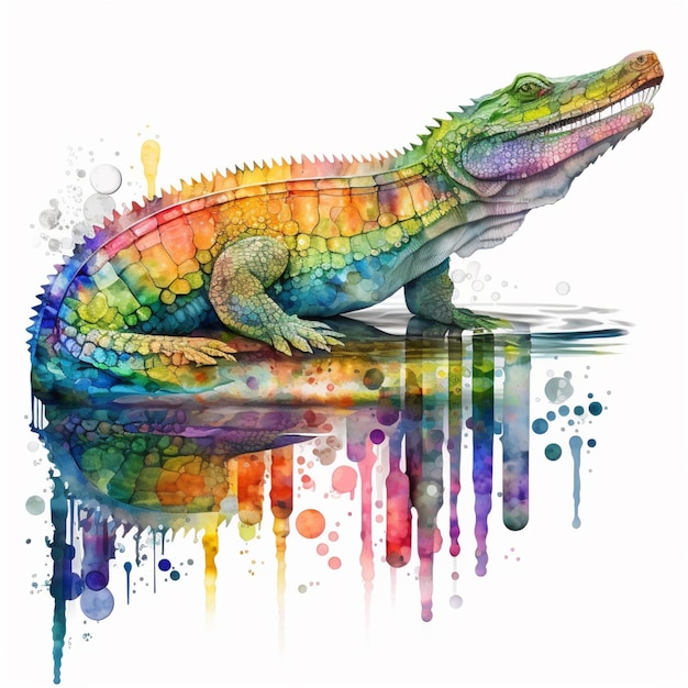Watercolor painting of a rainbow iguana with the word iguana on it.