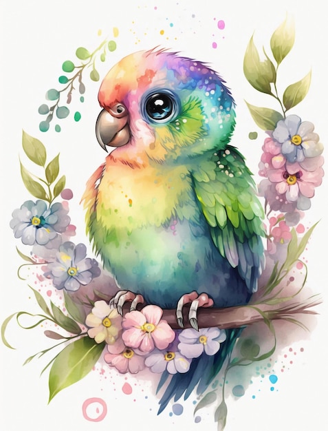 A watercolor painting of a rainbow parrot with flowers