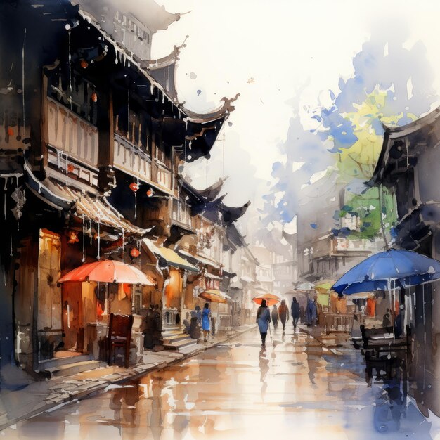 Watercolor painting of rainy day in old town rural china inspired artwork