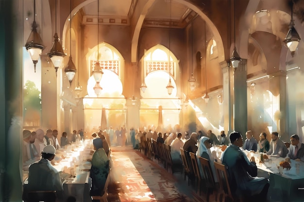 Watercolor painting of a Ramadan iftar digital art illustration