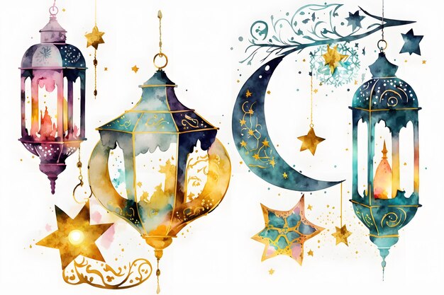 A watercolor painting of ramadan lanterns and a crescent moon with stars.