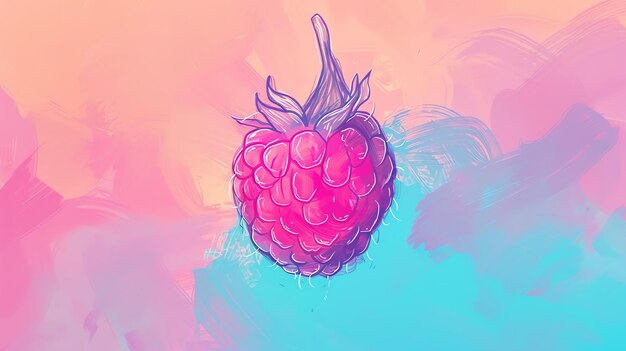 A watercolor painting of a raspberry The raspberry is pink and has a green stem The background is a light blue watercolor wash