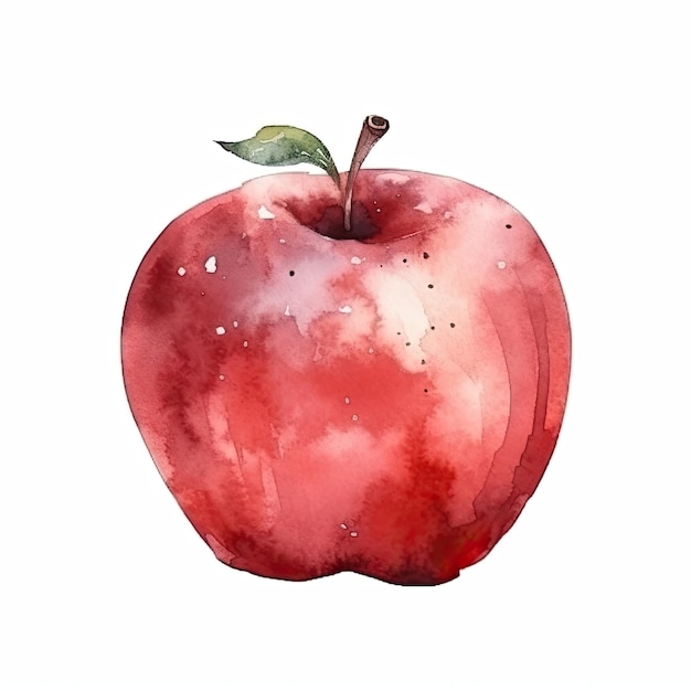 Watercolor painting of red apple with green leaves