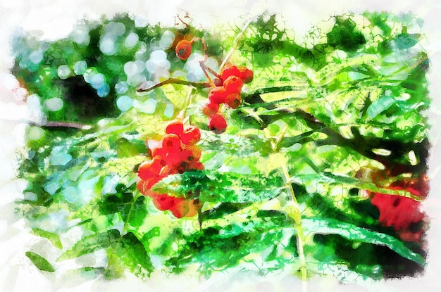수채화 그림 붉은 열매 aquarells 염료로 그린 손의 현대 디지털 아트 모방